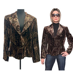 Nygard Collection brown metallic gold paisley velvet blazer single breasted 14